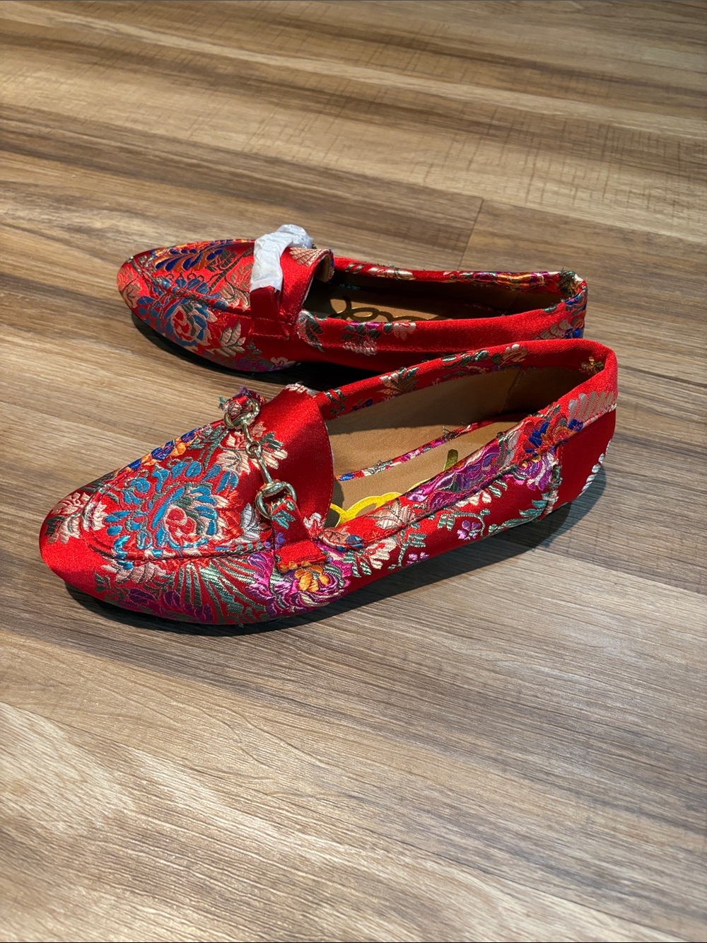 Qupid Red Floral Embroidered Slip-On Loafers for Women